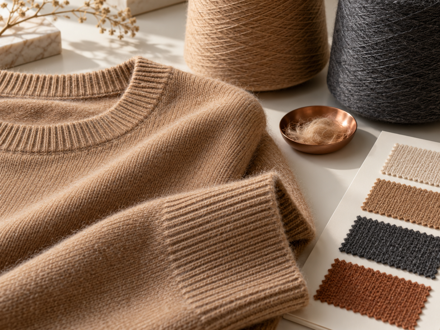 Strip cashmere knitwear, clusters and cashmere trays on a beauty sampling table